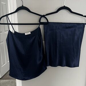 Aritzia Babaron Navy Blue Satin Cami and mini Skirt Set